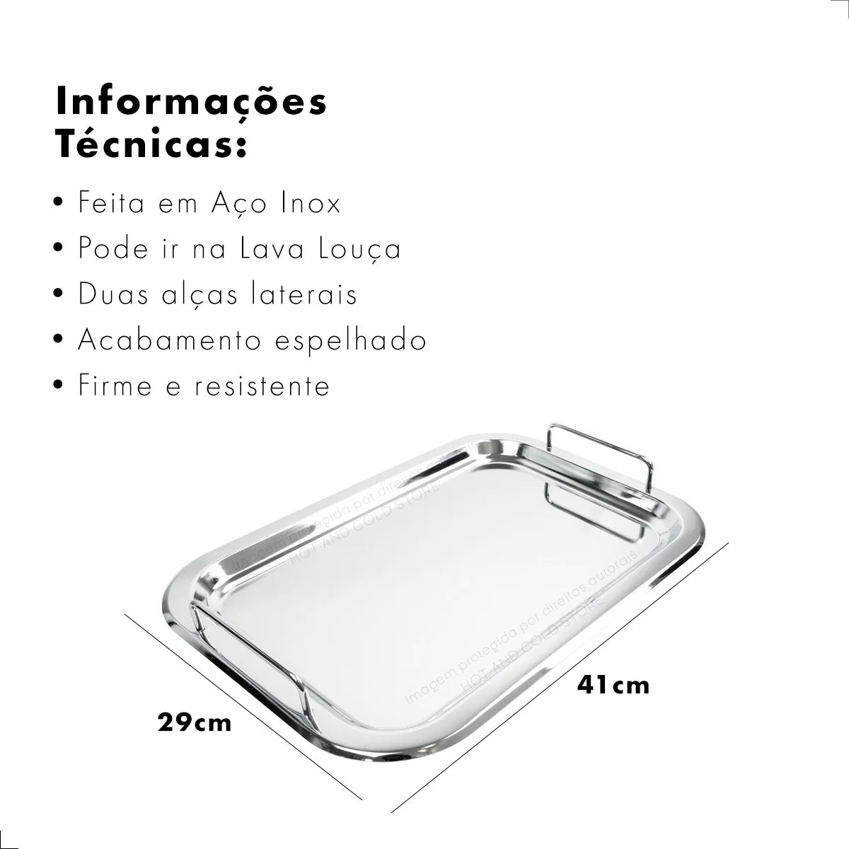 Bandeja Aço Inox • Alças Laterais • 41 × 29 cm