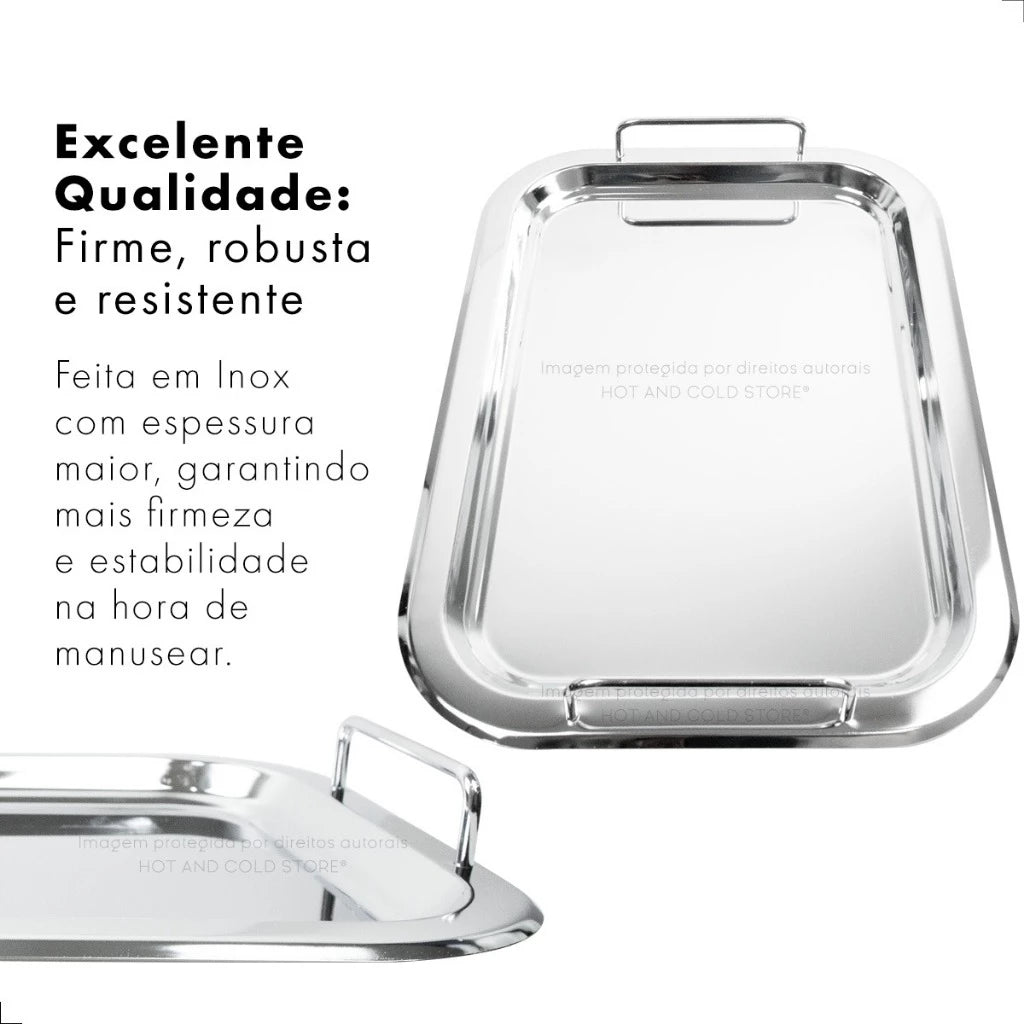 Bandeja Aço Inox • Alças Laterais • 41 × 29 cm